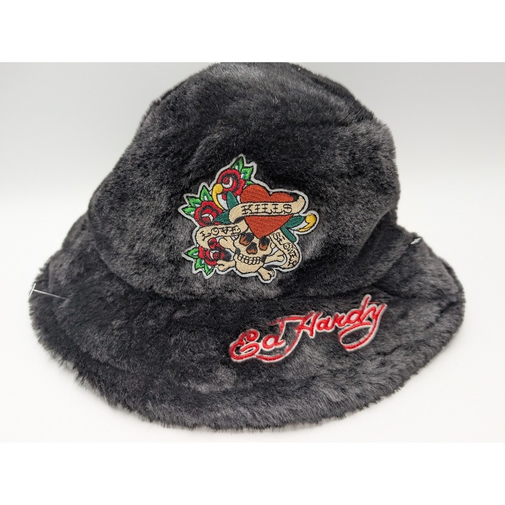 Ed Hardy Faux Fur Bucket Hat Skull Rose Patch Red Logo‎ Winter Warm NWOT